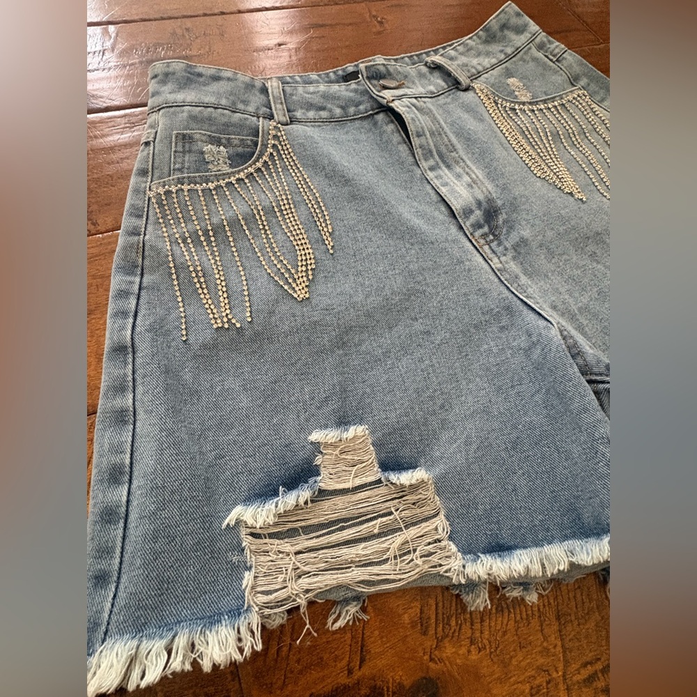 Blue B Collection Rhinestone Fringe Distressed Denim Shorts - Picture 3 of 10